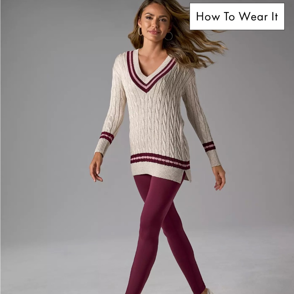 Boston Proper Cream and Burgundy Sweater, leggings and shoes